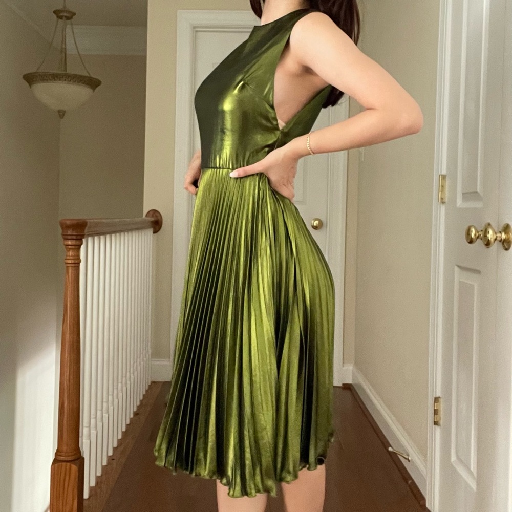 Topshop Metallic green pleated midi dress